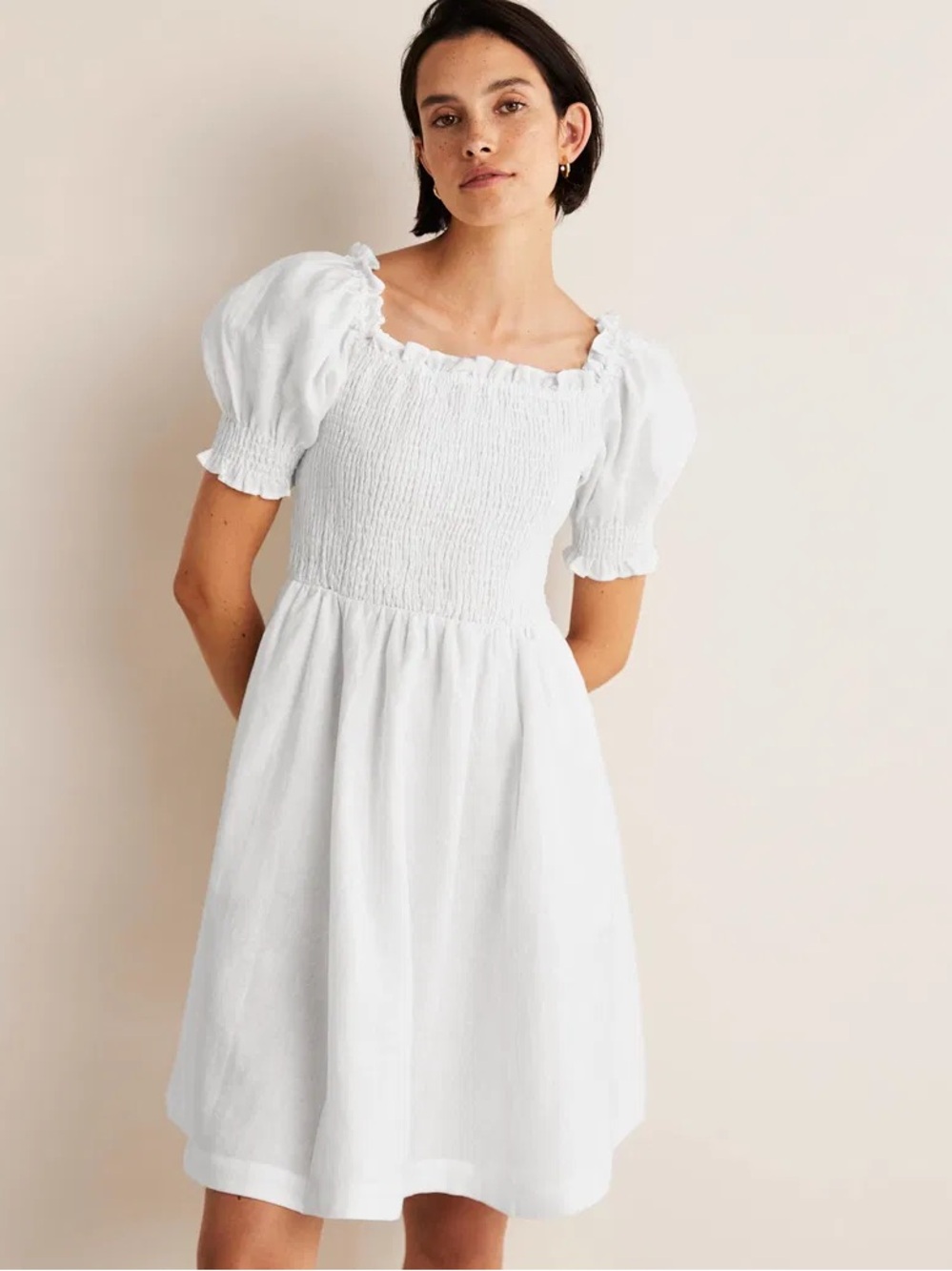 Boden White Linen Puff-Sleeve Smocked Short Dress size 6 long tall - Picture 2 of 6